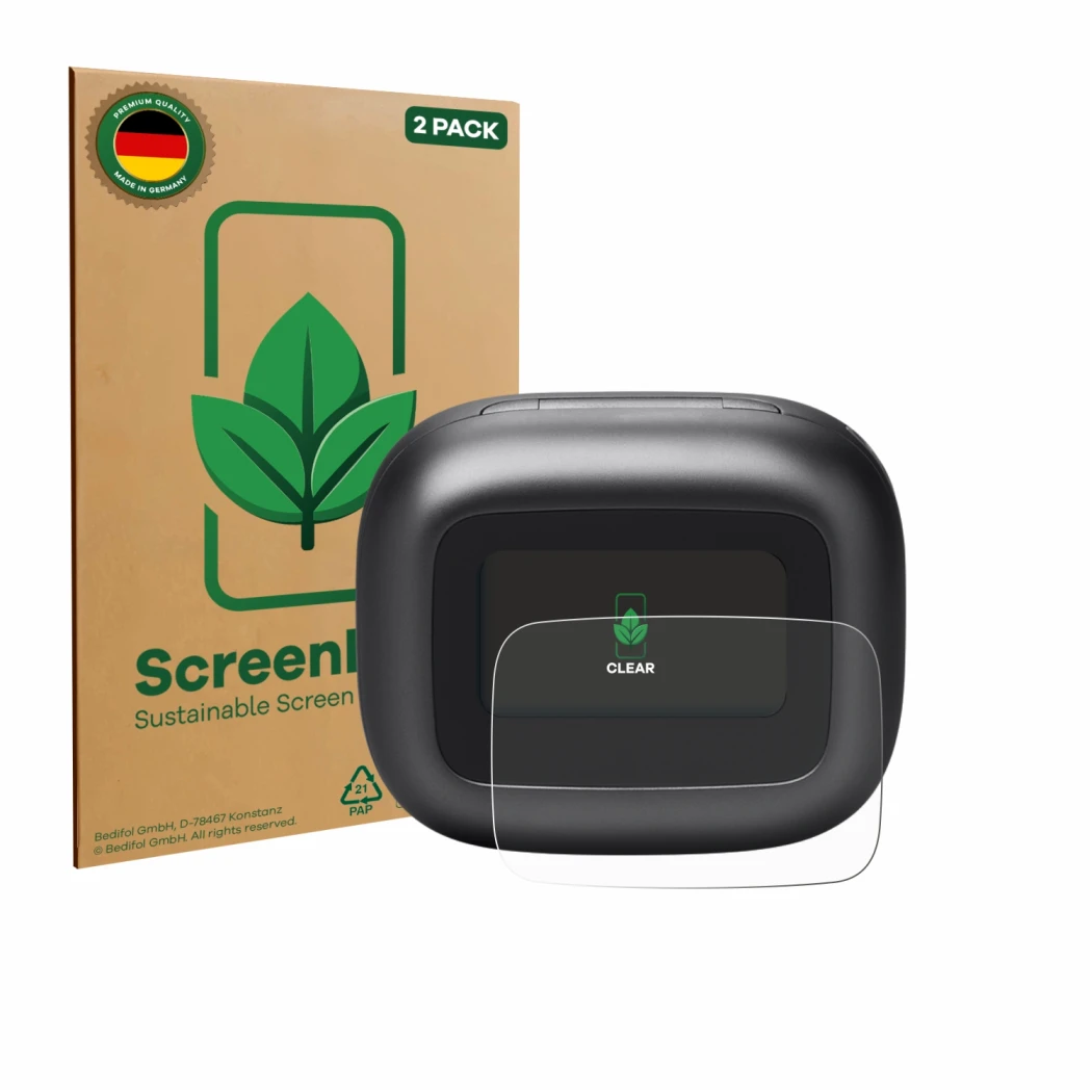 Front side of a product packaging with the brand logo ScreenLeaf. Next to it is the device JBL Live Beam 3 shown with the corr