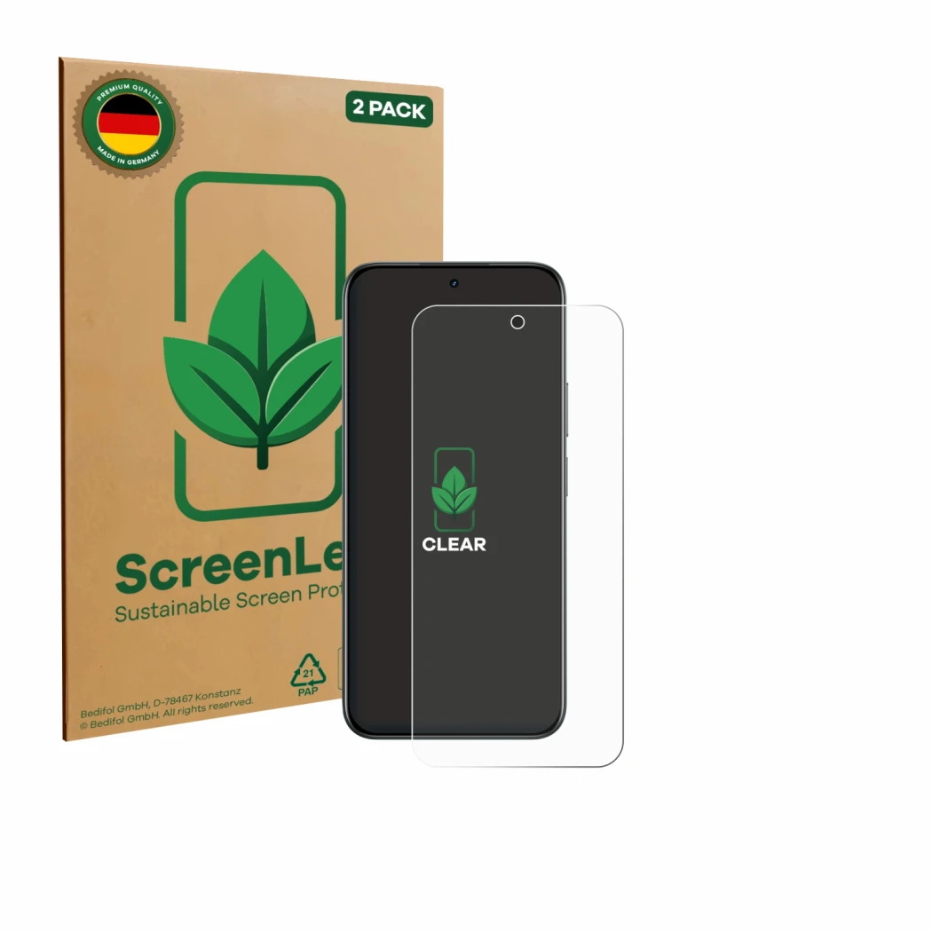 Front side of a product packaging with the brand logo ScreenLeaf. Next to it is the device realme C85 5G shown with the corres