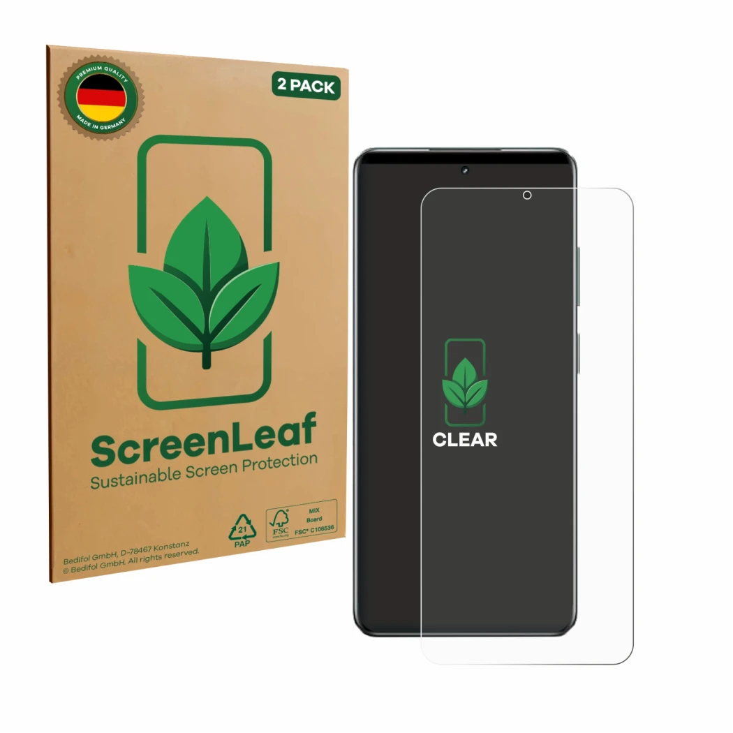 Front side of a product packaging with the brand logo ScreenLeaf. Next to it is the device realme C63 5G shown with the corres
