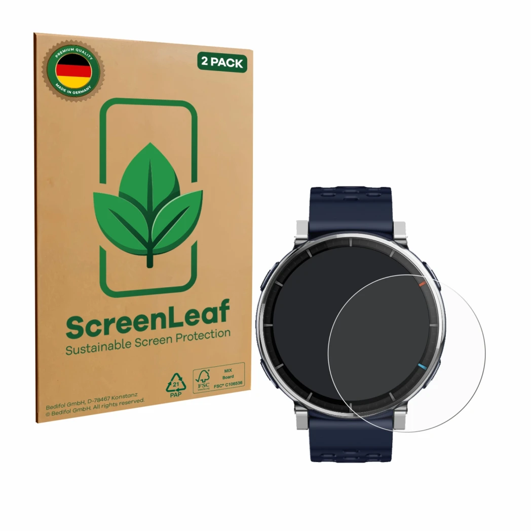 Front side of a product packaging with the brand logo ScreenLeaf. Next to it is the device Amazfit Active 3 Premium shown with
