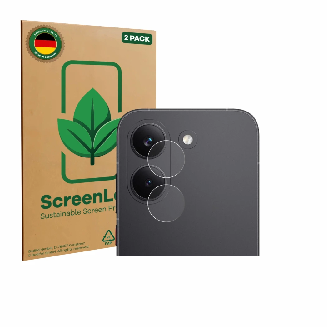 Front side of a product packaging with the brand logo ScreenLeaf. Next to it is the device Xiaomi Poco X8 Pro (ONLY Camera Len