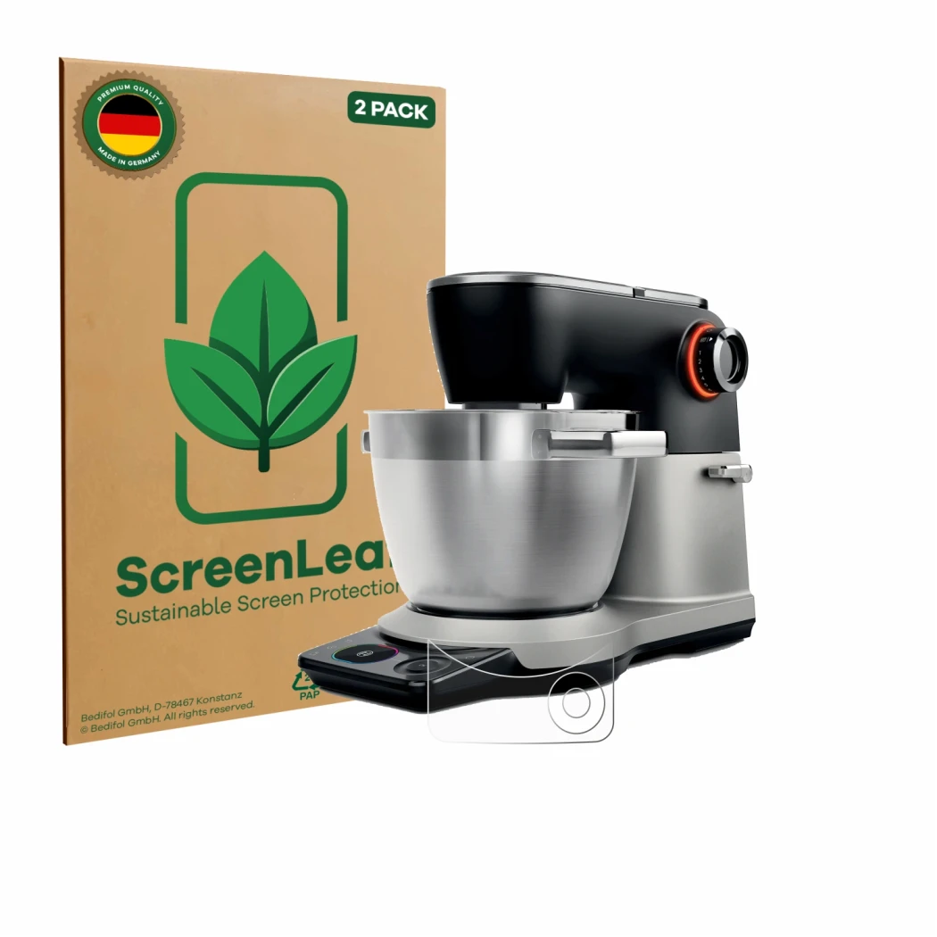 Front side of a product packaging with the brand logo ScreenLeaf. Next to it is the device Bosch MUMS8Z shown with the corresp