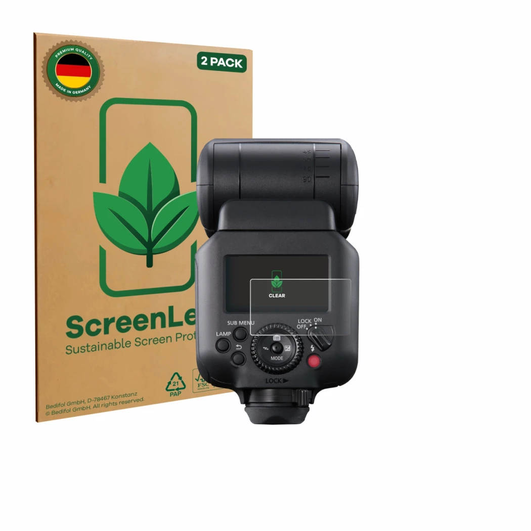 Front side of a product packaging with the brand logo ScreenLeaf. Next to it is the device Canon Speedlite EL-5 shown with the