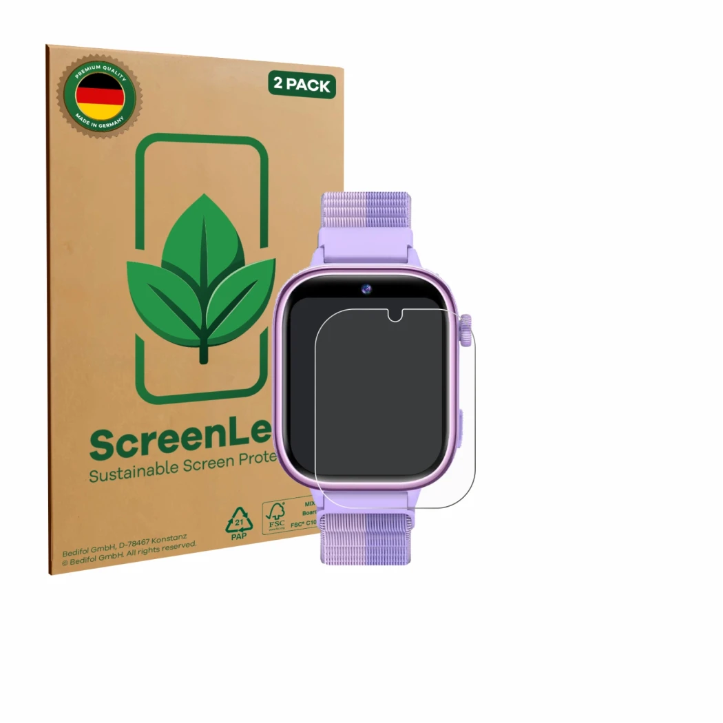 Front side of a product packaging with the brand logo ScreenLeaf. Next to it is the device Oliimptek T40 shown with the corres