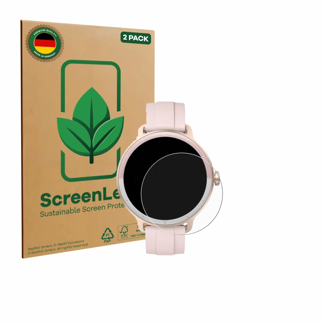 Front side of a product packaging with the brand logo ScreenLeaf. Next to it is the device KIBFLE DR03 1.27