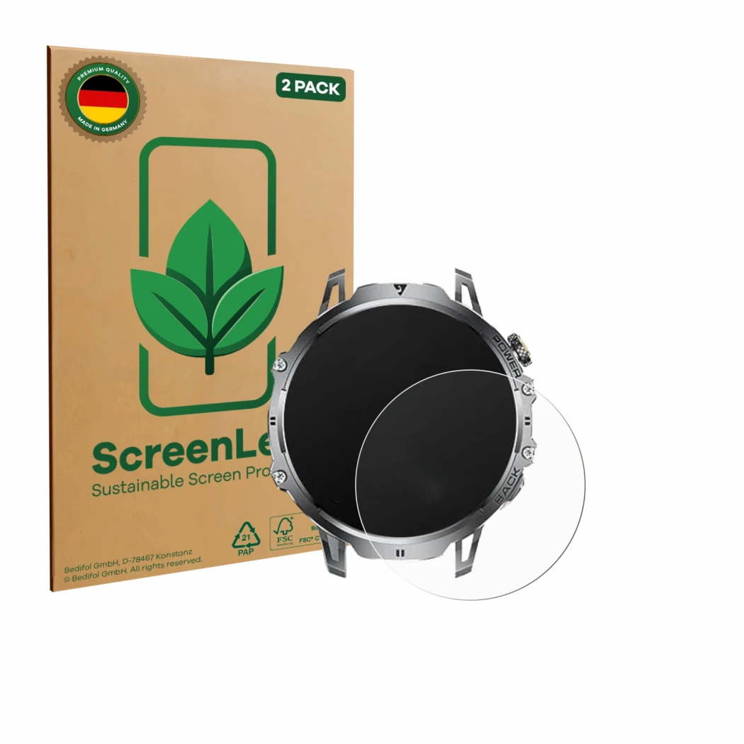 Front side of a product packaging with the brand logo ScreenLeaf. Next to it is the device Dremac EF13-E 1.85