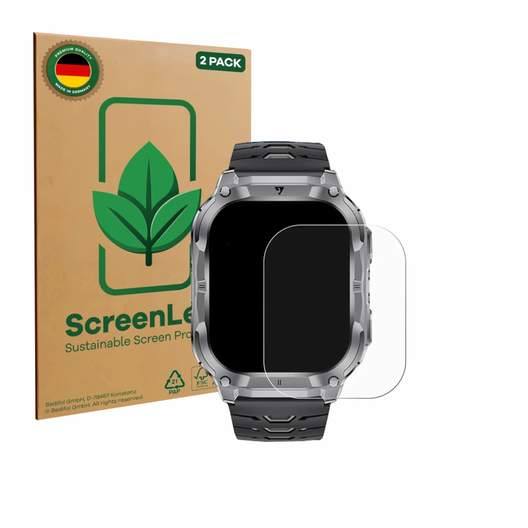 Front side of a product packaging with the brand logo ScreenLeaf. Next to it is the device LIGE EF22 2