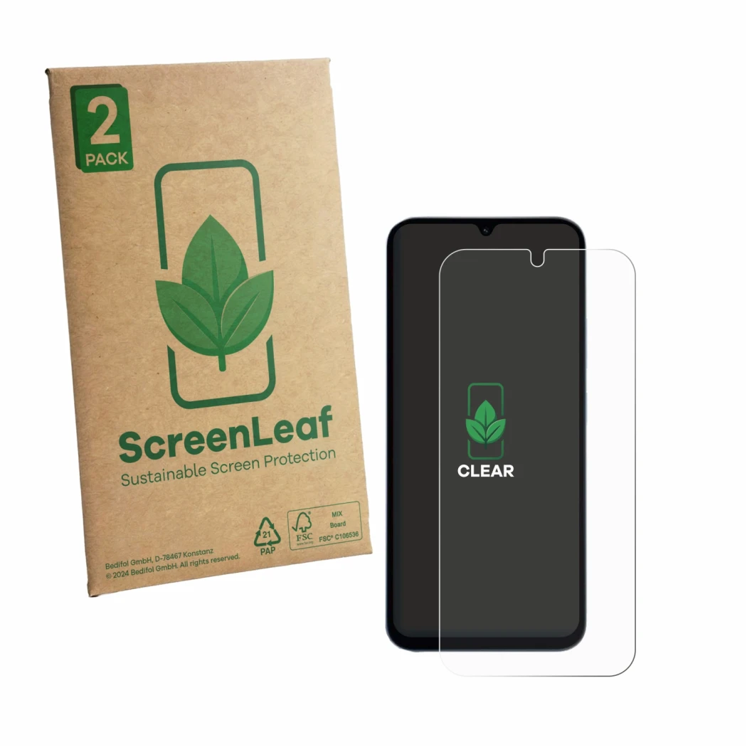 Front side of a product packaging with the brand logo ScreenLeaf. Next to it is the device Xiaomi Redmi 15A 5G shown with the 