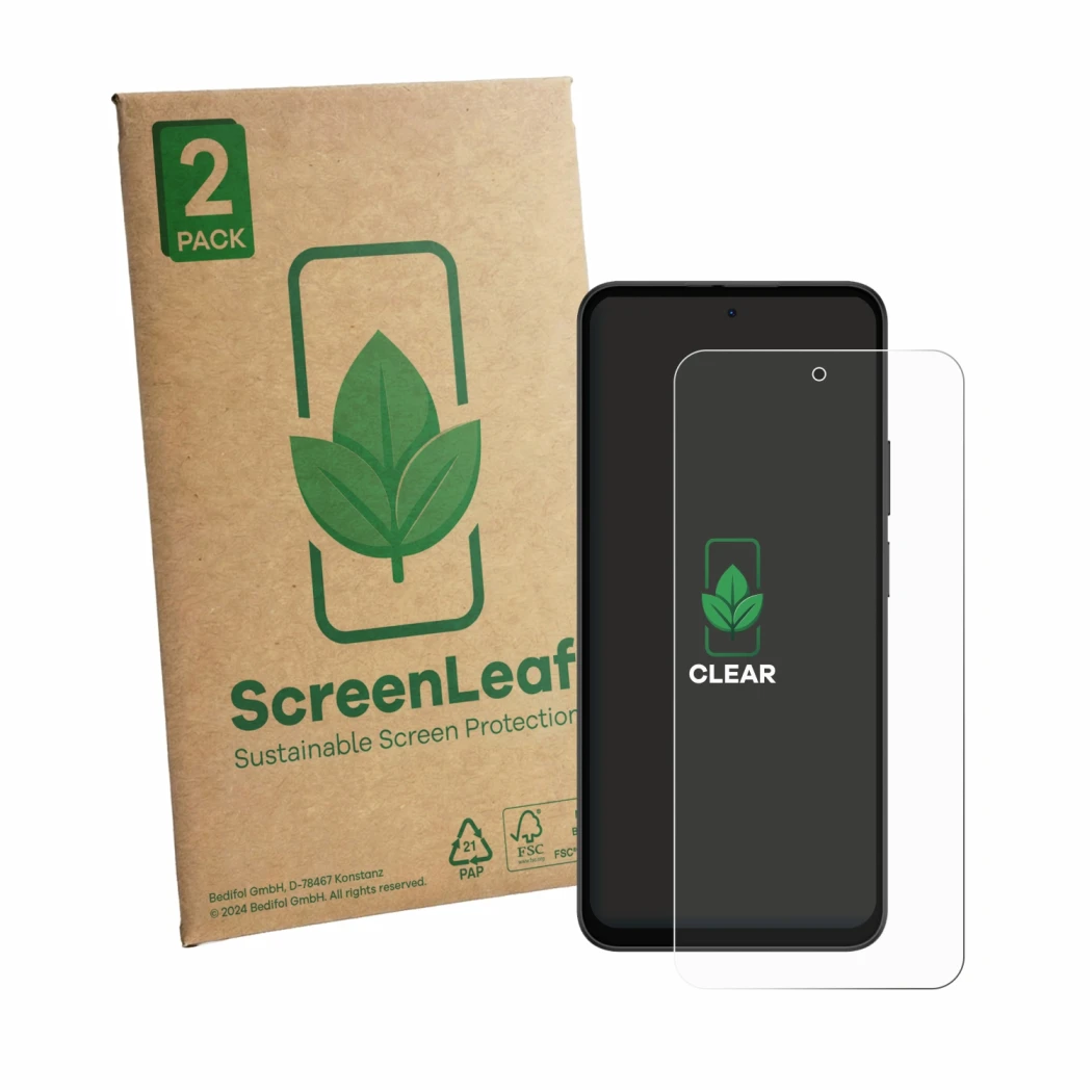 Front side of a product packaging with the brand logo ScreenLeaf. Next to it is the device Doogee B10 Pro shown with the corre