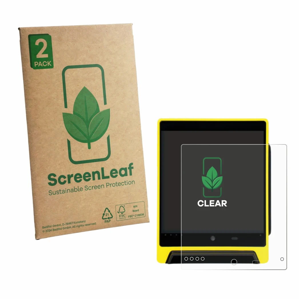 Front side of a product packaging with the brand logo ScreenLeaf. Next to it is the device Nayax VPOS Media 4 shown with the c