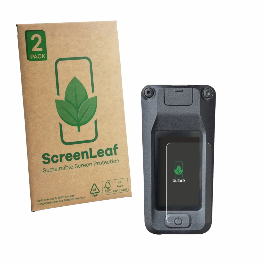 Front side of a product packaging with the brand logo ScreenLeaf. Next to it is the device Amflow DJI Avinox shown with the co