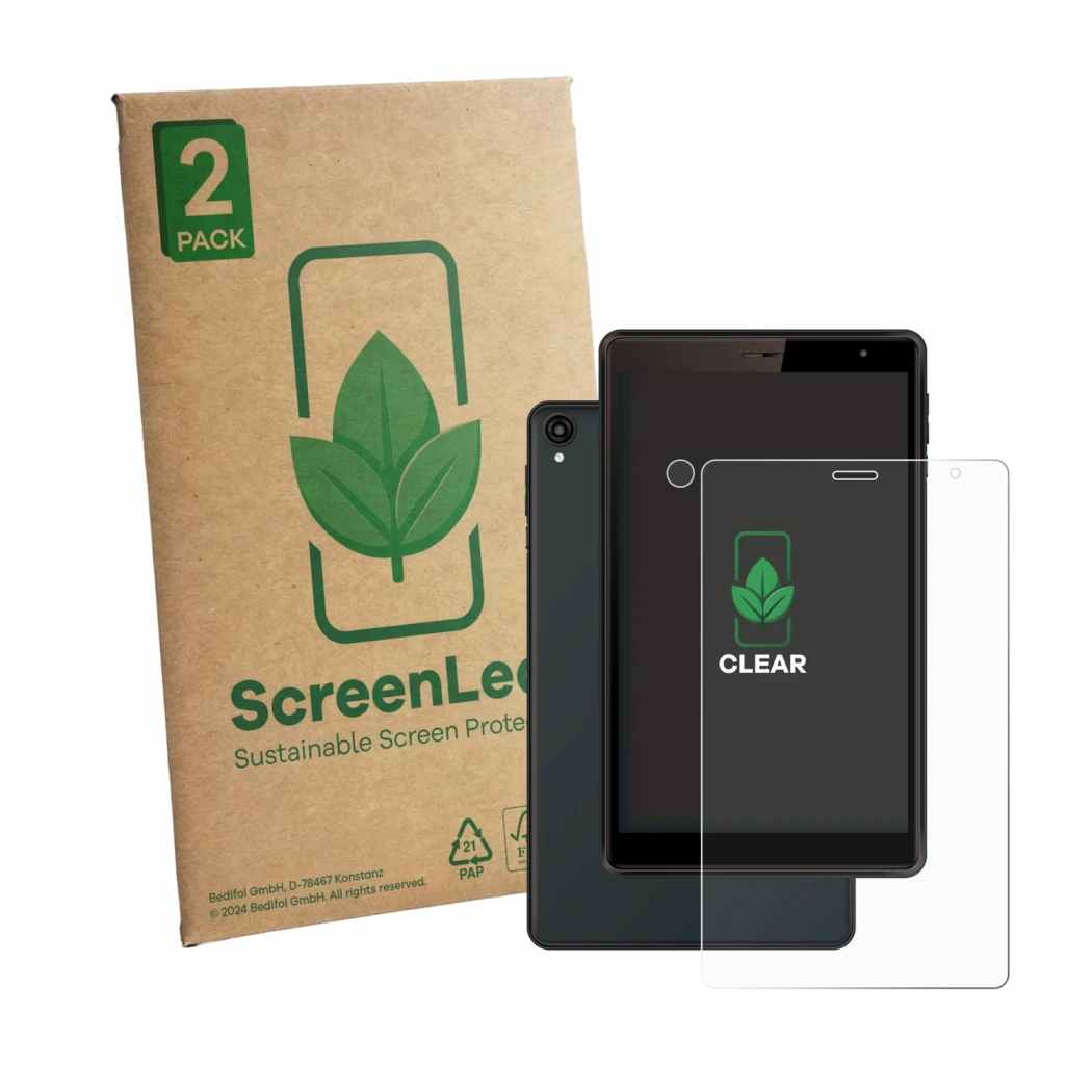Front side of a product packaging with the brand logo ScreenLeaf. Next to it is the device Logicom Tab 80 8
