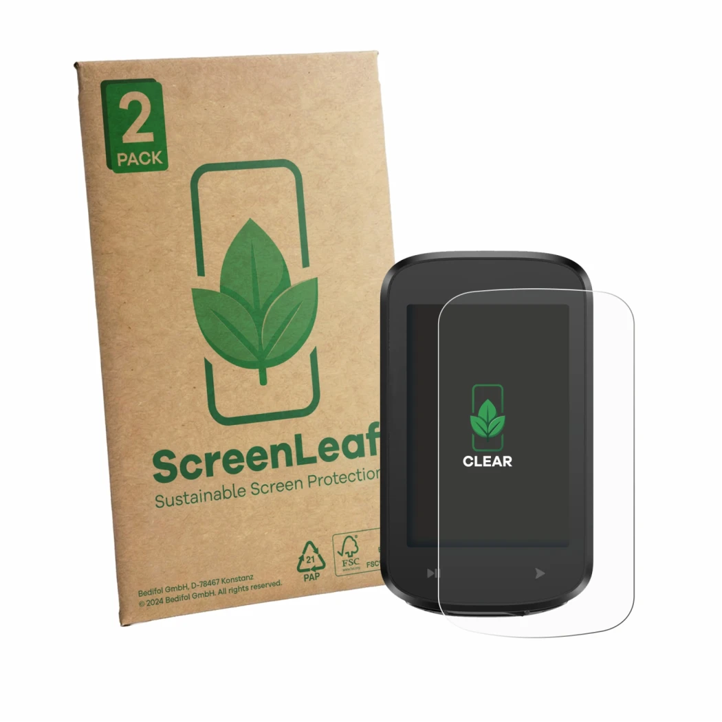 Front side of a product packaging with the brand logo ScreenLeaf. Next to it is the device iGPSPORT BSC100MAX shown with the c