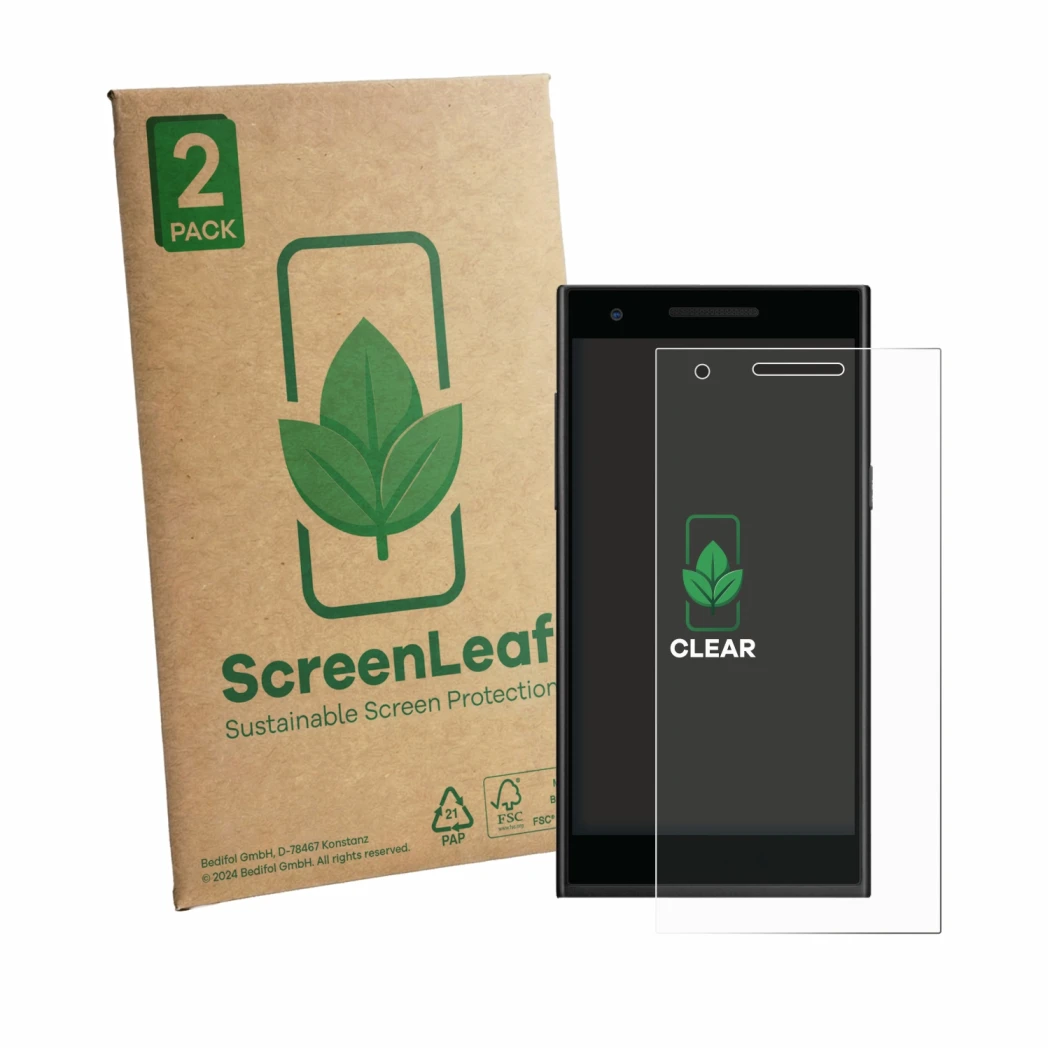 Front side of a product packaging with the brand logo ScreenLeaf. Next to it is the device Philips S396 shown with the corresp