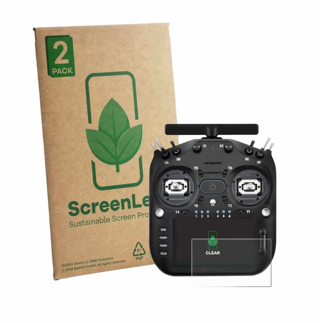 Front side of a product packaging with the brand logo ScreenLeaf. Next to it is the device Radiomaster TX16S MK3 shown with th