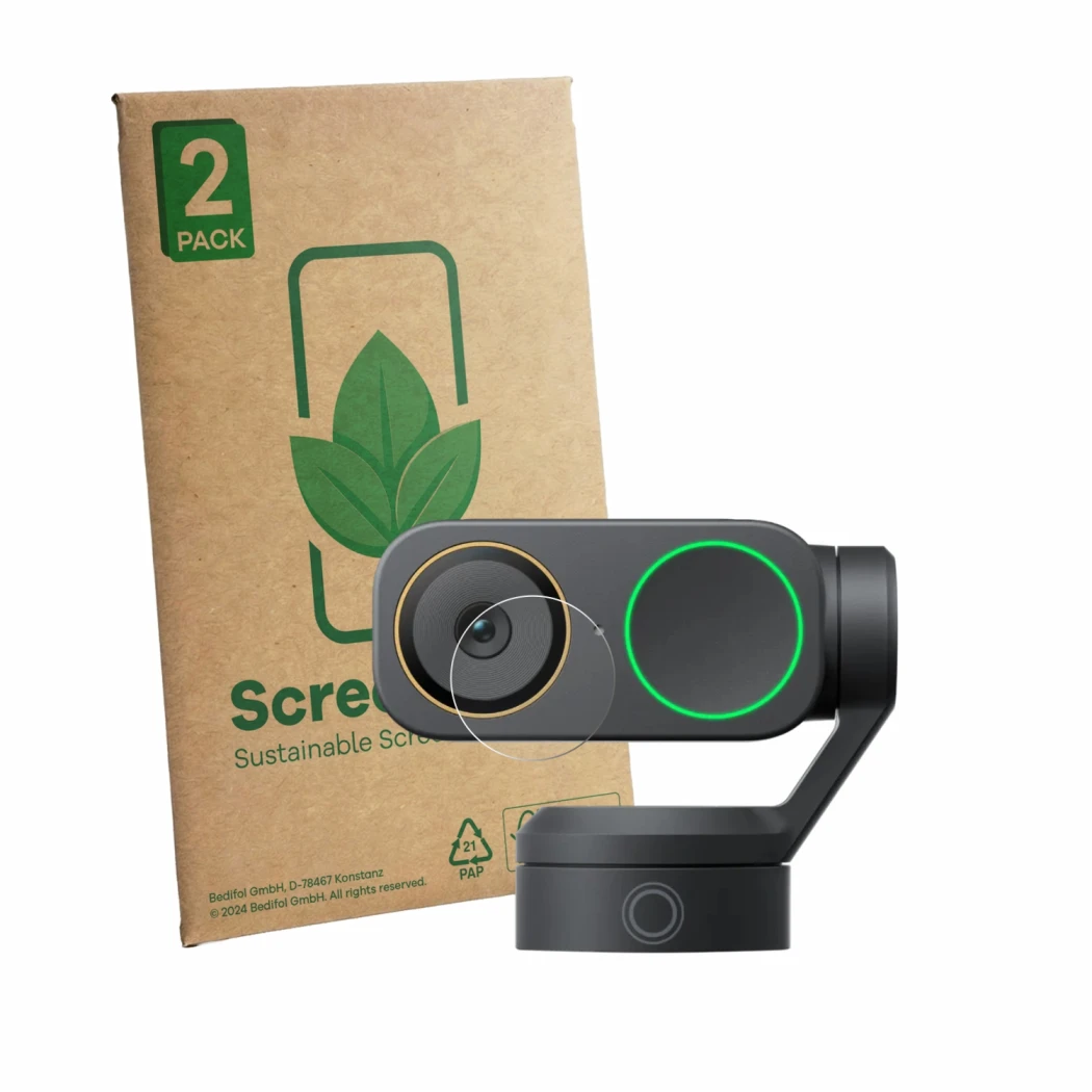 Front side of a product packaging with the brand logo ScreenLeaf. Next to it is the device Insta360 Link 2 Pro (Lens) shown wi