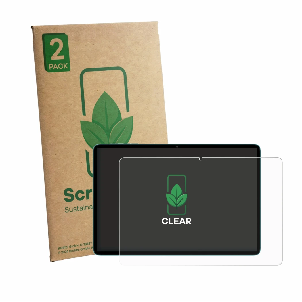 Front side of a product packaging with the brand logo ScreenLeaf. Next to it is the device Teclast P33 shown with the correspo