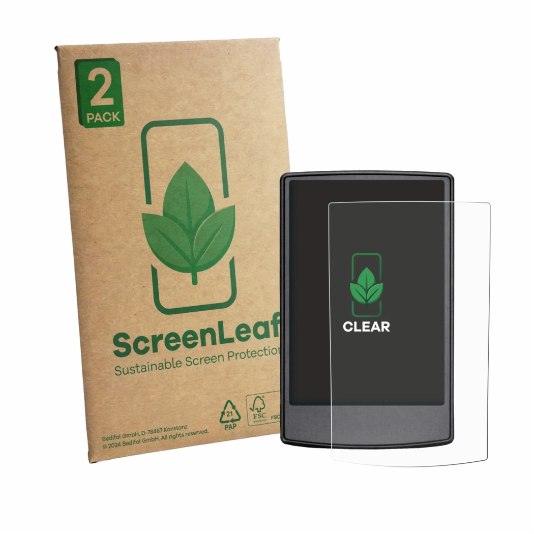 Front side of a product packaging with the brand logo ScreenLeaf. Next to it is the device Engwe Engine Pro 3.0 Boost shown wi