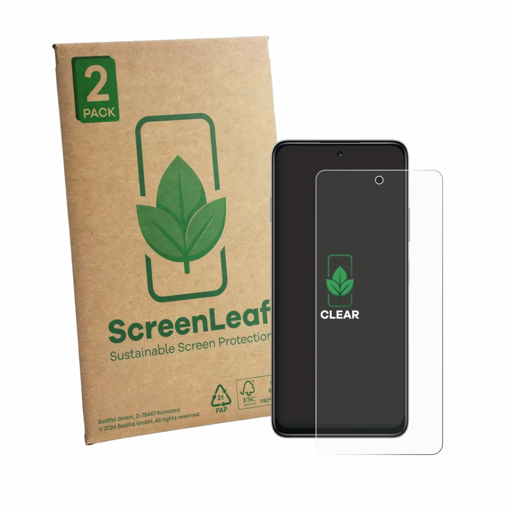 Front side of a product packaging with the brand logo ScreenLeaf. Next to it is the device Huawei Enjoy 90 Plus shown with the