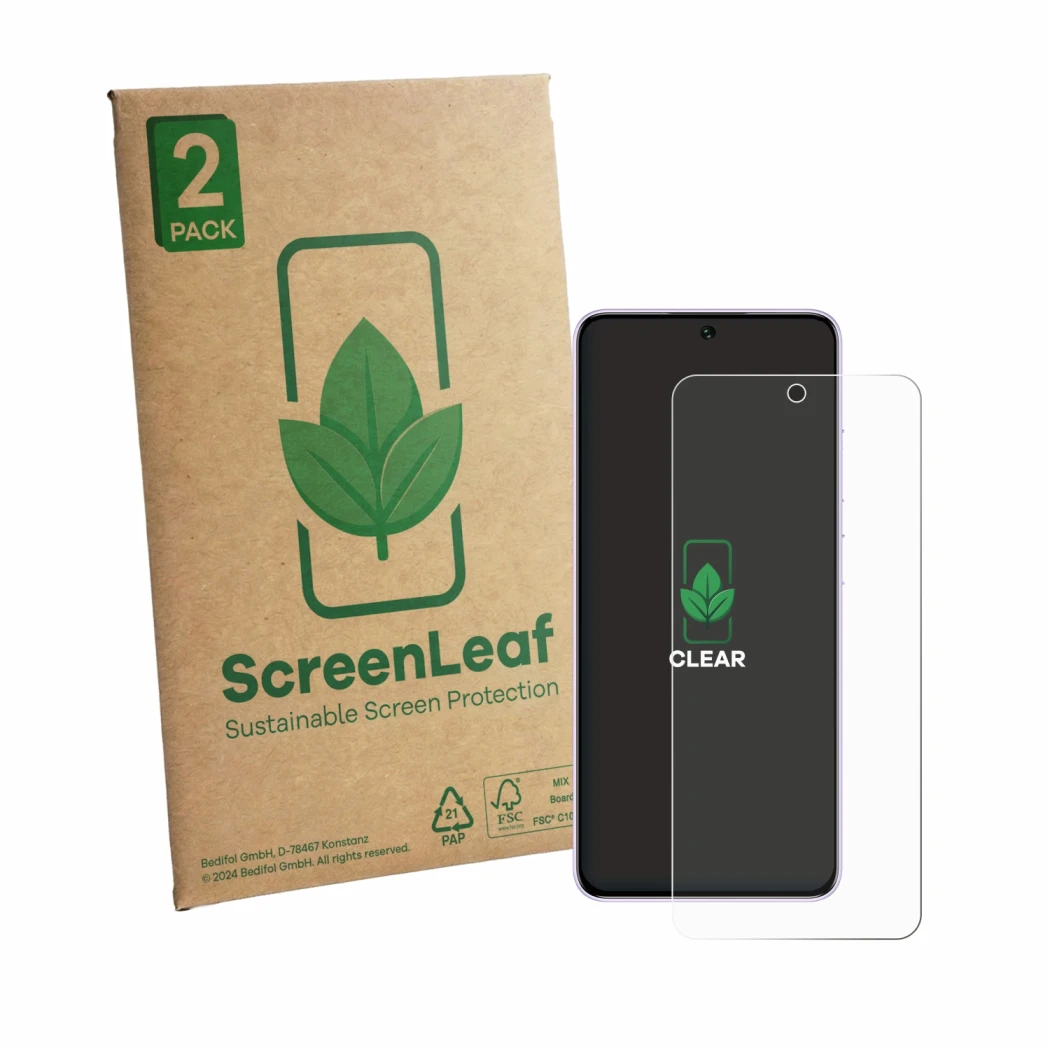 Front side of a product packaging with the brand logo ScreenLeaf. Next to it is the device Oukitel C26 shown with the correspo