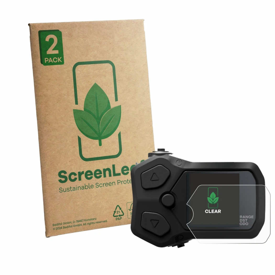 Front side of a product packaging with the brand logo ScreenLeaf. Next to it is the device Shimano SC-EN500 shown with the cor