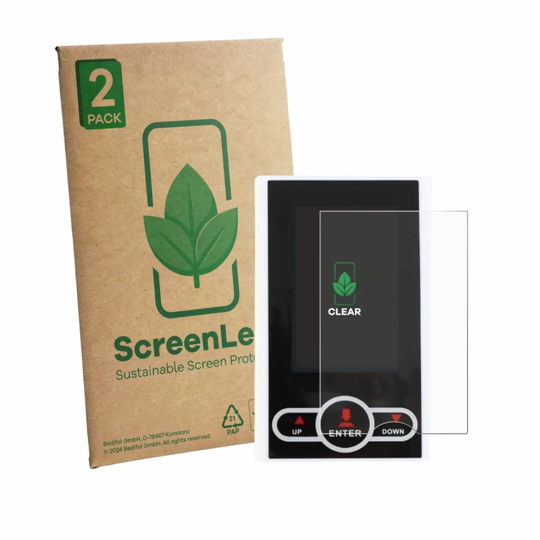 Front side of a product packaging with the brand logo ScreenLeaf. Next to it is the device QuivyLivy Speedometer shown with th