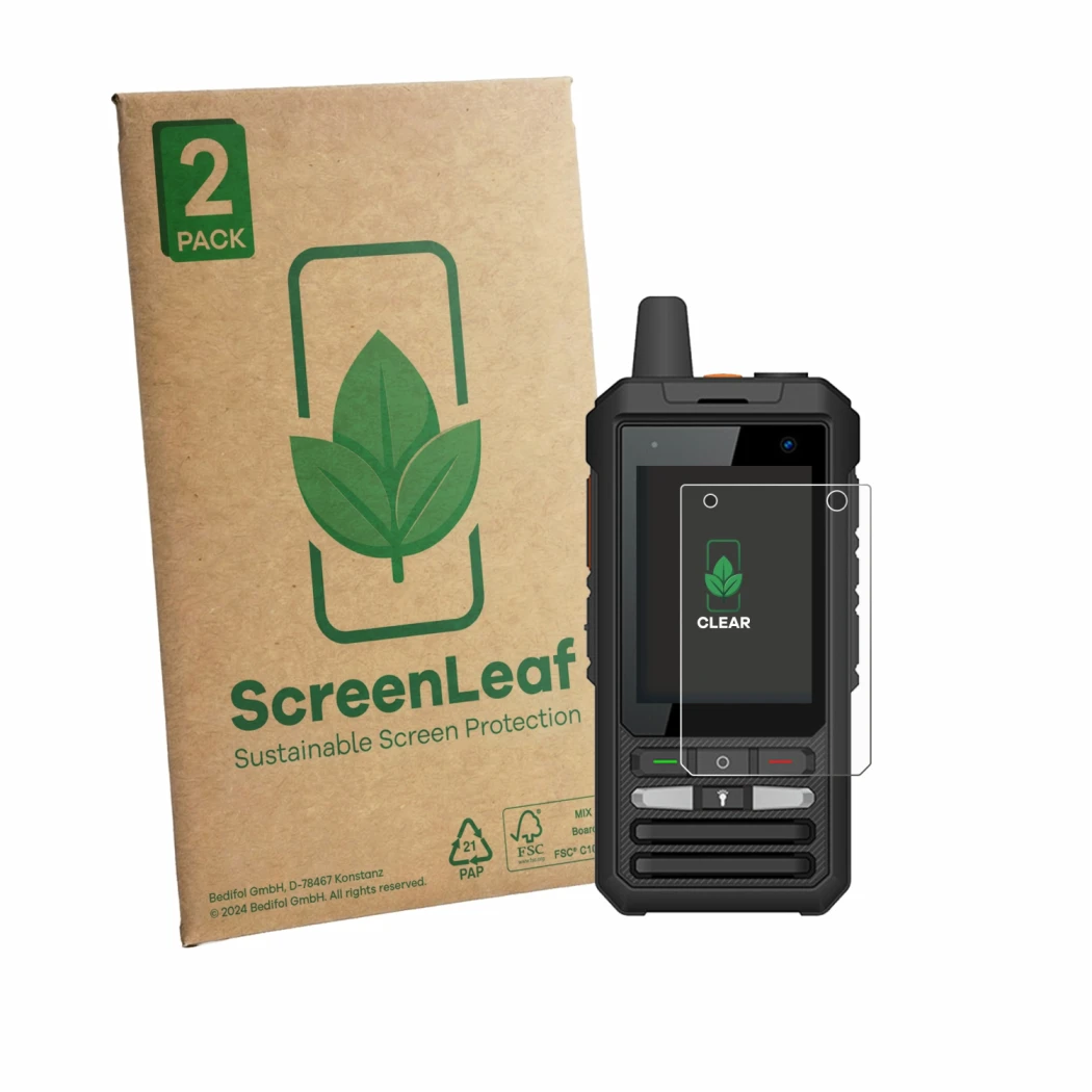 Front side of a product packaging with the brand logo ScreenLeaf. Next to it is the device Uniwa F80S shown with the correspon