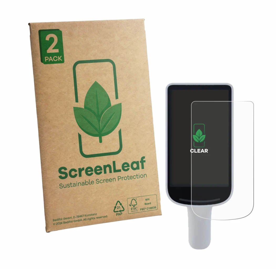 Front side of a product packaging with the brand logo ScreenLeaf. Next to it is the device Datalogic Joya Smart & Smart+ shown