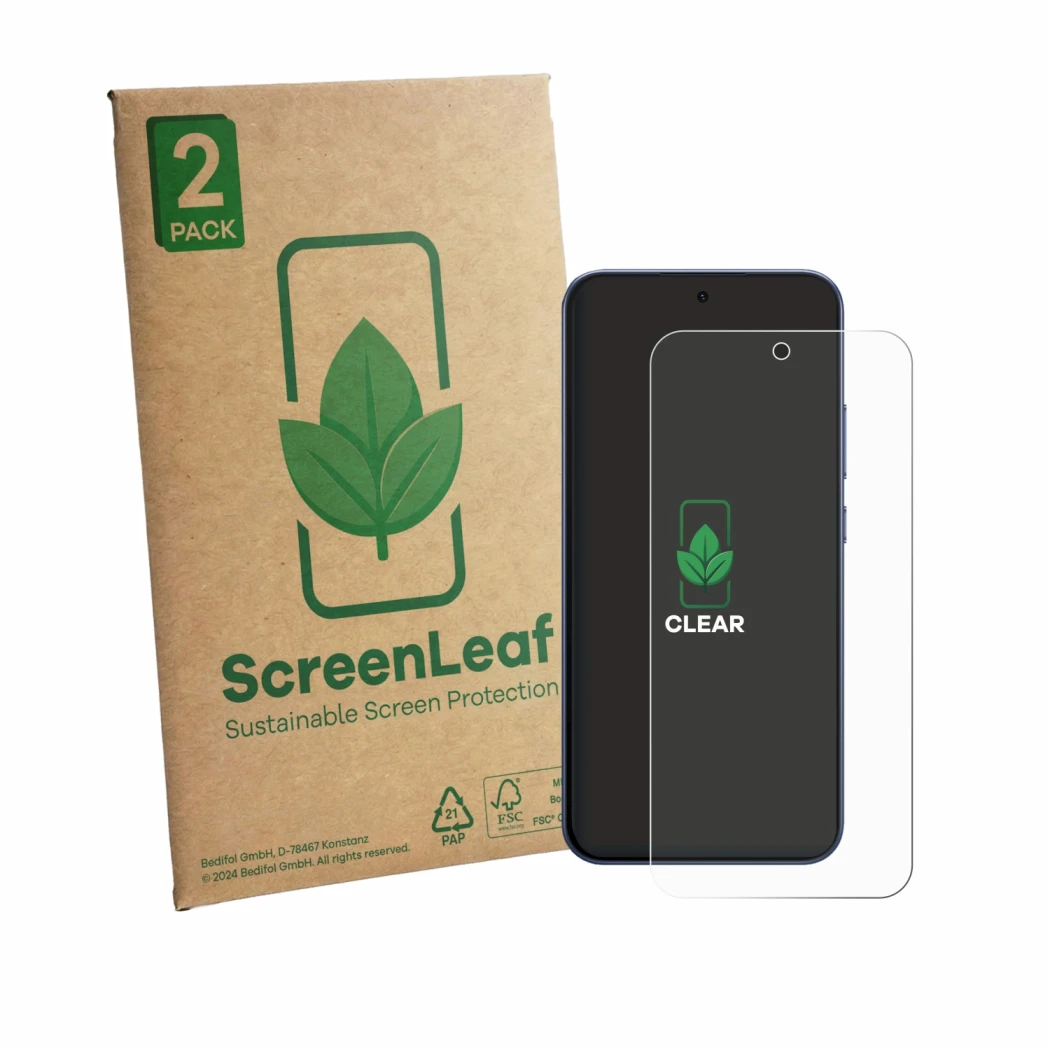 Front side of a product packaging with the brand logo ScreenLeaf. Next to it is the device Oppo F33 Pro shown with the corresp
