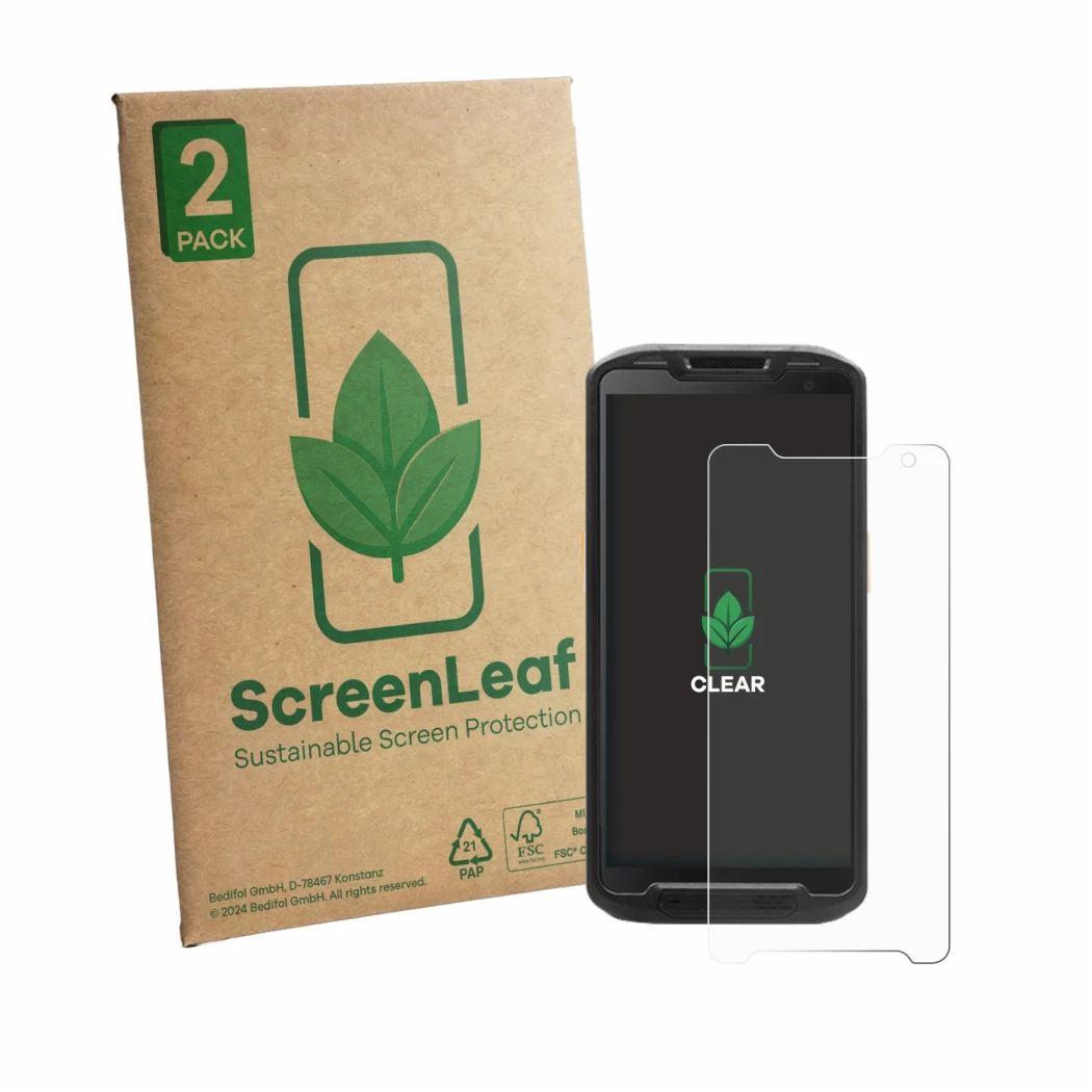 Front side of a product packaging with the brand logo ScreenLeaf. Next to it is the device Point Mobile PM84P shown with the c