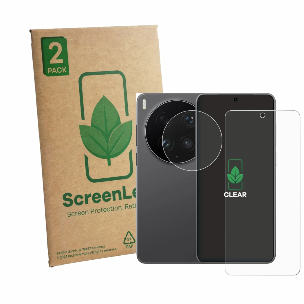 Front side of a product packaging with the brand logo ScreenLeaf. Next to it is the device Vivo X300 Ultra (Front+Camera) show