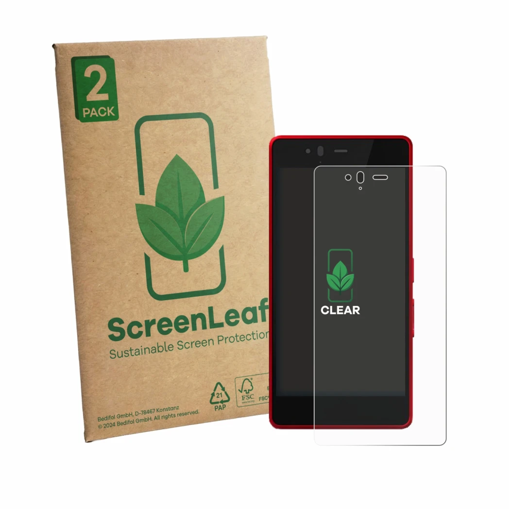 Front side of a product packaging with the brand logo ScreenLeaf. Next to it is the device Fujitsu Arrows M04 shown with the c