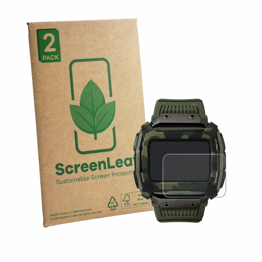 Front side of a product packaging with the brand logo ScreenLeaf. Next to it is the device Timex Command Shock shown with the 