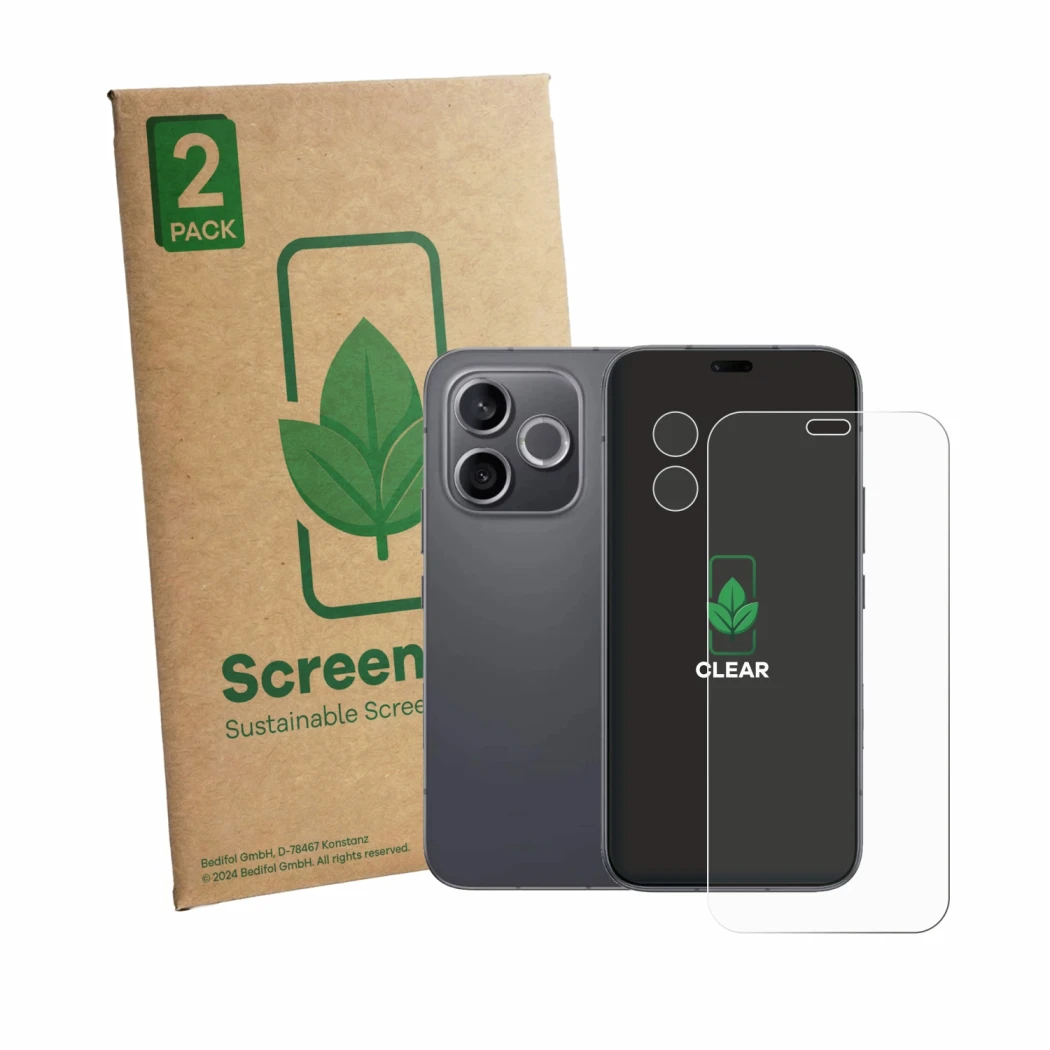 Front side of a product packaging with the brand logo ScreenLeaf. Next to it is the device Honor 600 Lite (Front+Camera) shown
