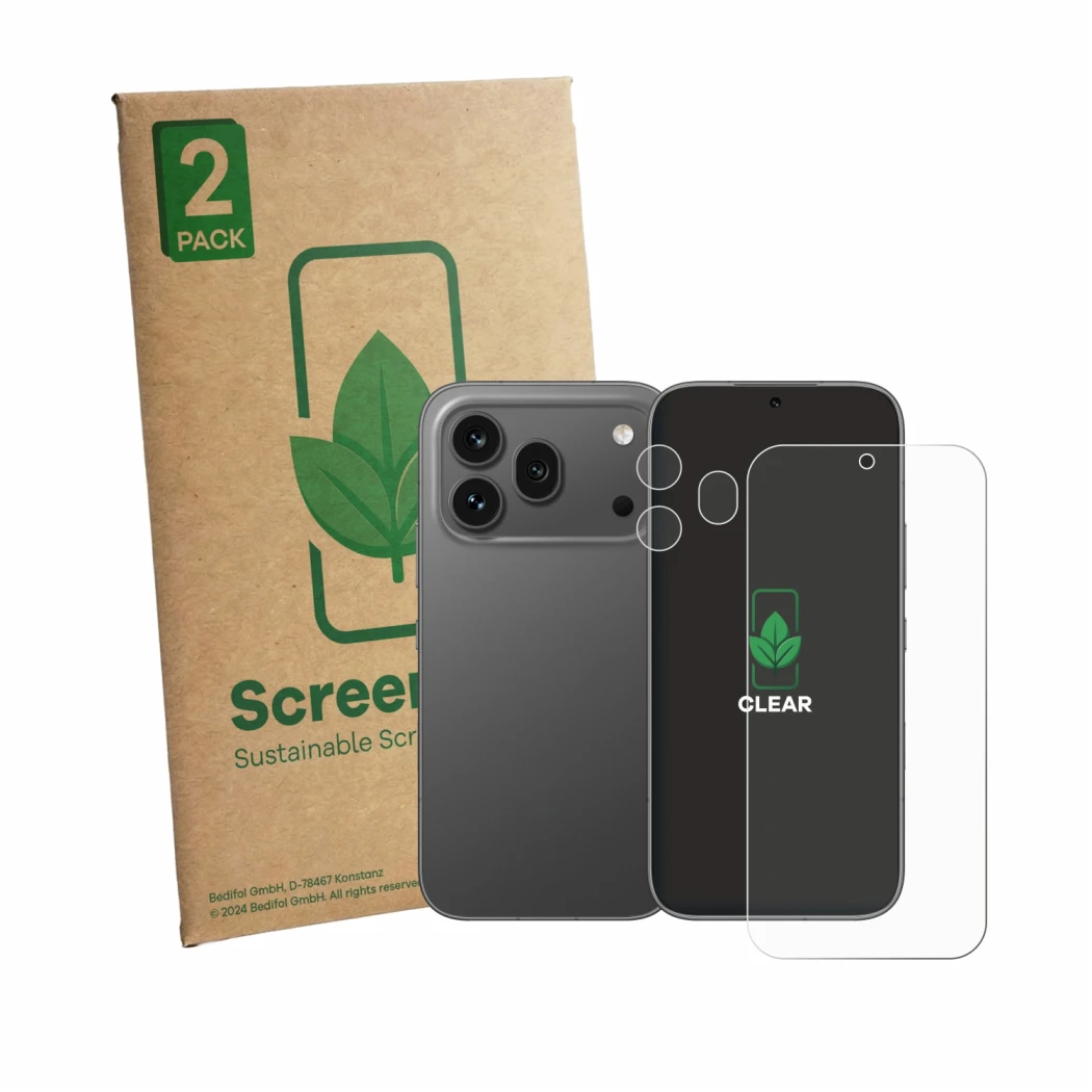 Front side of a product packaging with the brand logo ScreenLeaf. Next to it is the device Honor 600 Pro (Front+Camera) shown 