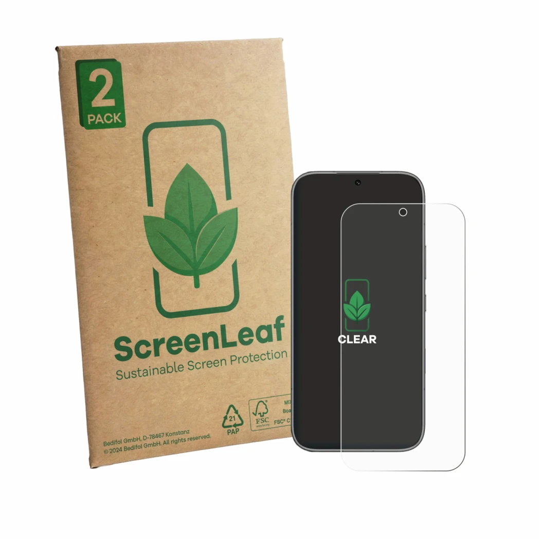 Front side of a product packaging with the brand logo ScreenLeaf. Next to it is the device Honor 600 shown with the correspond