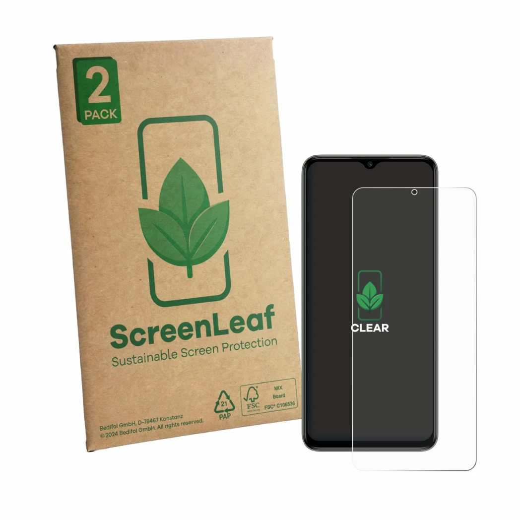 Front side of a product packaging with the brand logo ScreenLeaf. Next to it is the device Itel Zeno 100 shown with the corres