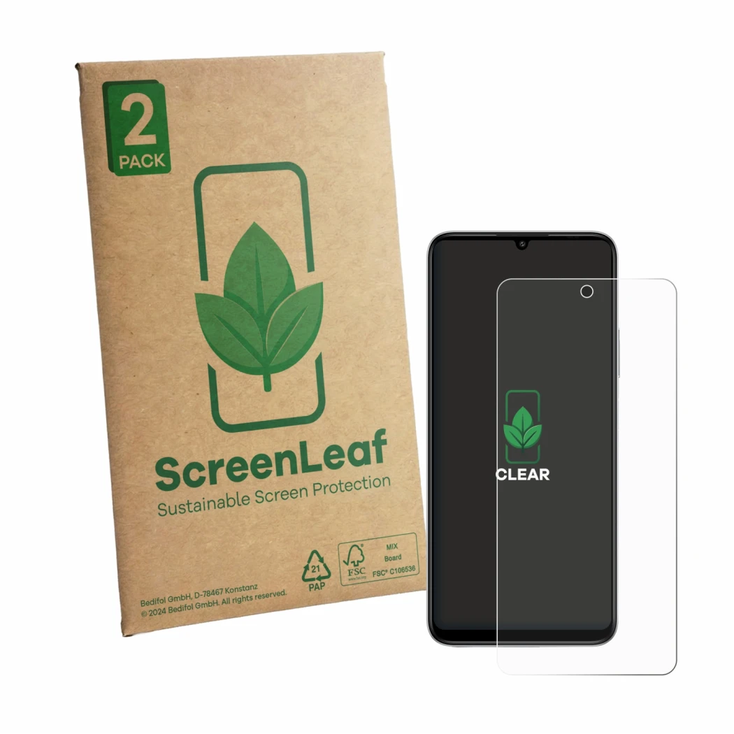 Front side of a product packaging with the brand logo ScreenLeaf. Next to it is the device General Mobile GM 26 Pro 5G shown w