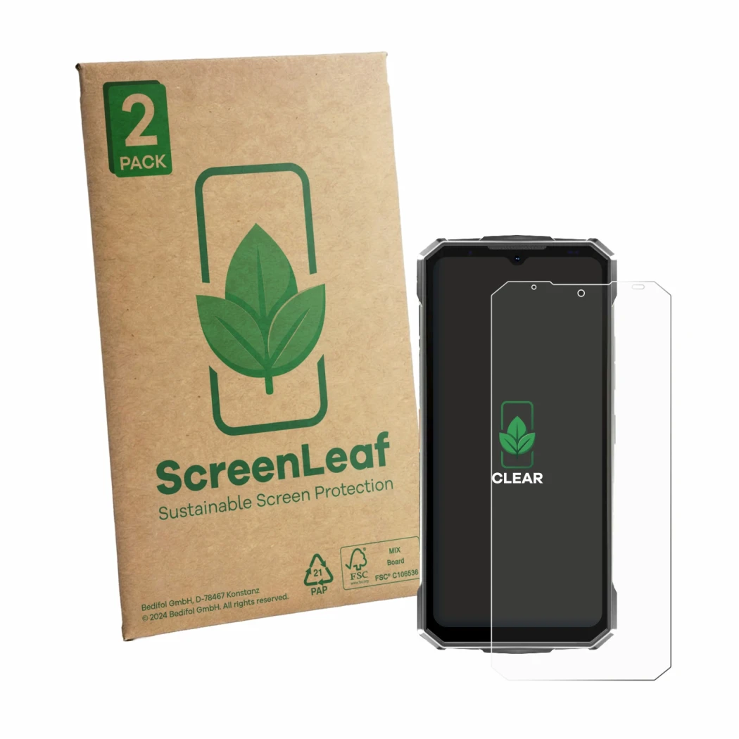 Front side of a product packaging with the brand logo ScreenLeaf. Next to it is the device Doogee Fire 7 Ultra shown with the 