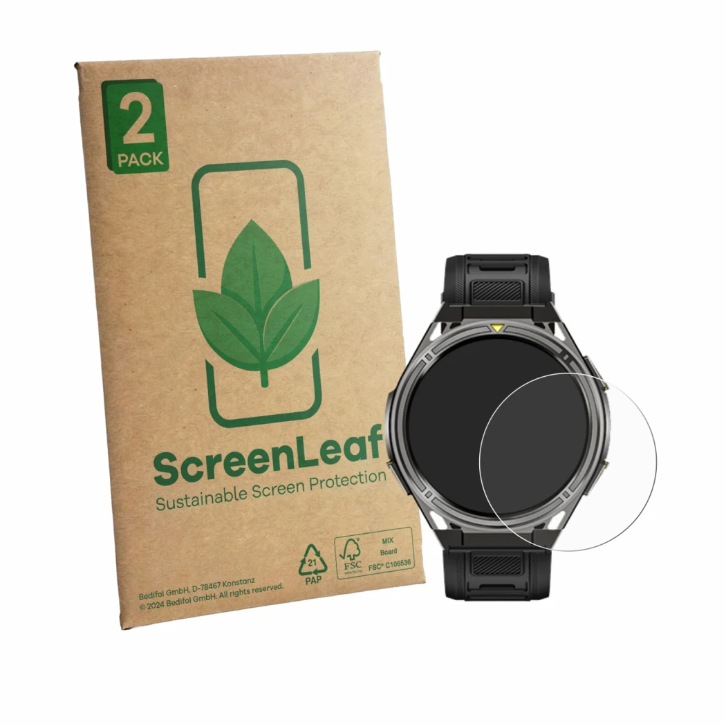 Front side of a product packaging with the brand logo ScreenLeaf. Next to it is the device Cubot GT5 shown with the correspond