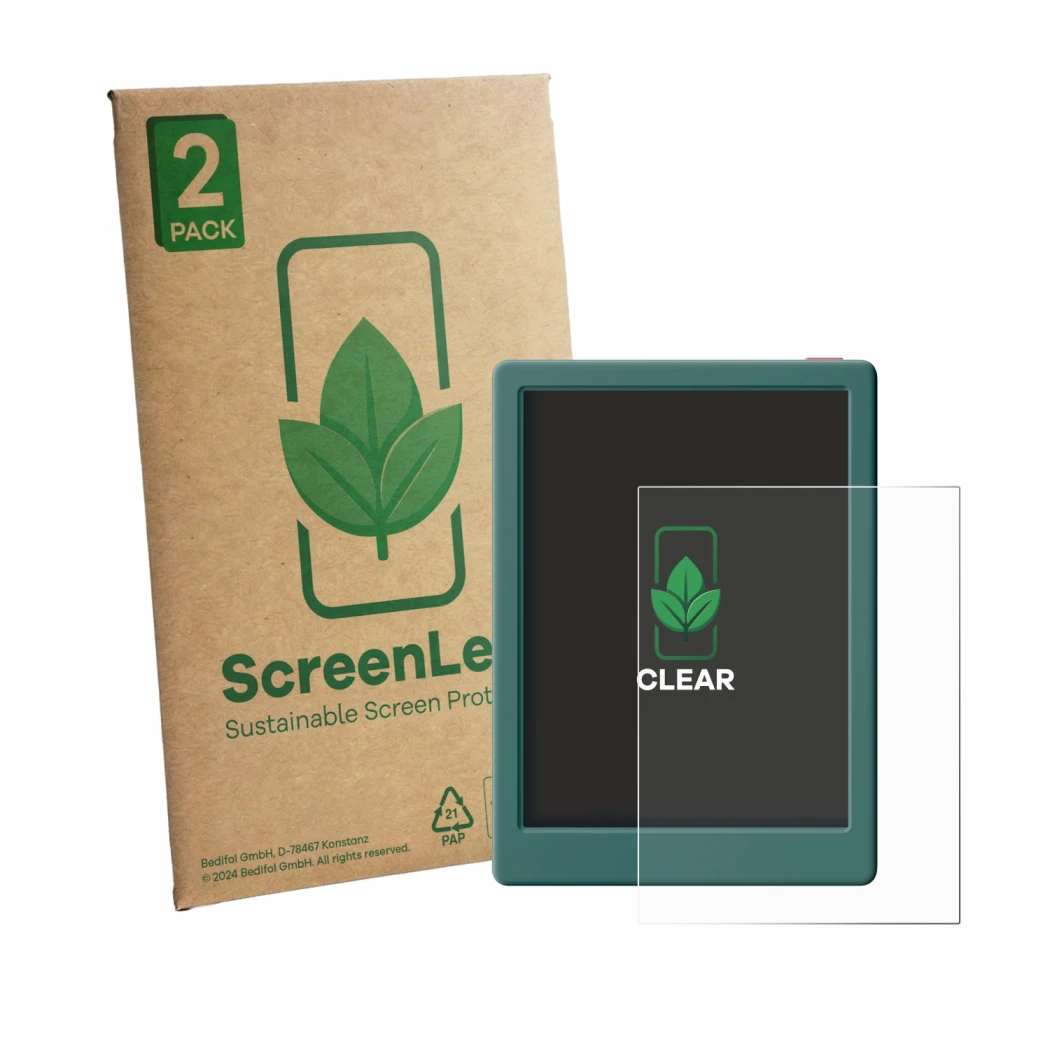 Front side of a product packaging with the brand logo ScreenLeaf. Next to it is the device Musnap Neo C shown with the corresp