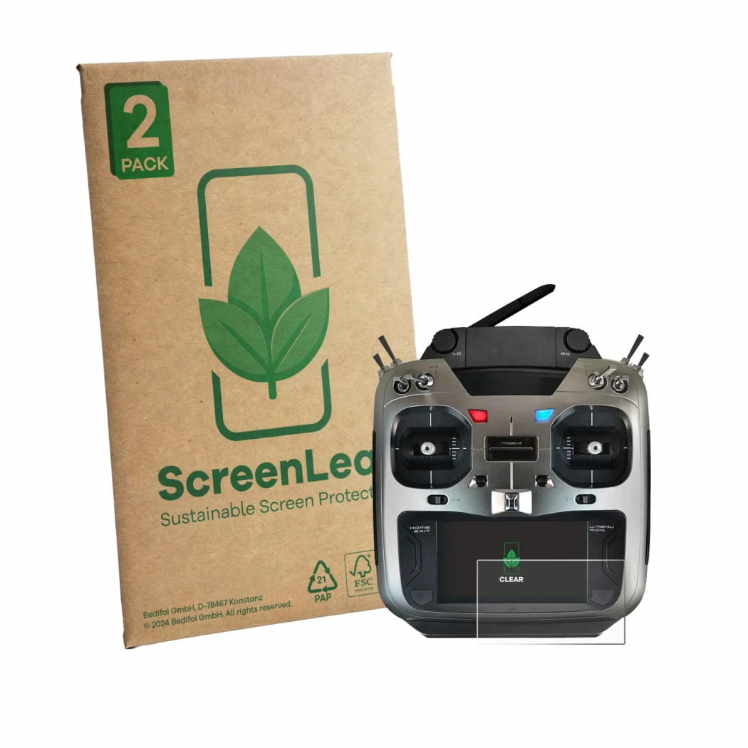 Front side of a product packaging with the brand logo ScreenLeaf. Next to it is the device Robbe Futaba T16IZ Super shown with