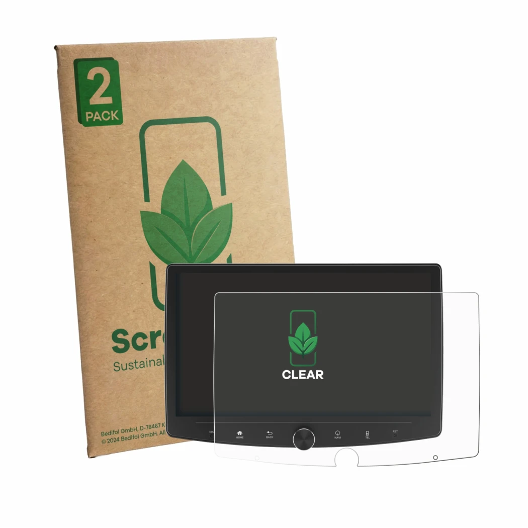Front side of a product packaging with the brand logo ScreenLeaf. Next to it is the device Eonon UX6SK2-PLUS shown with the co