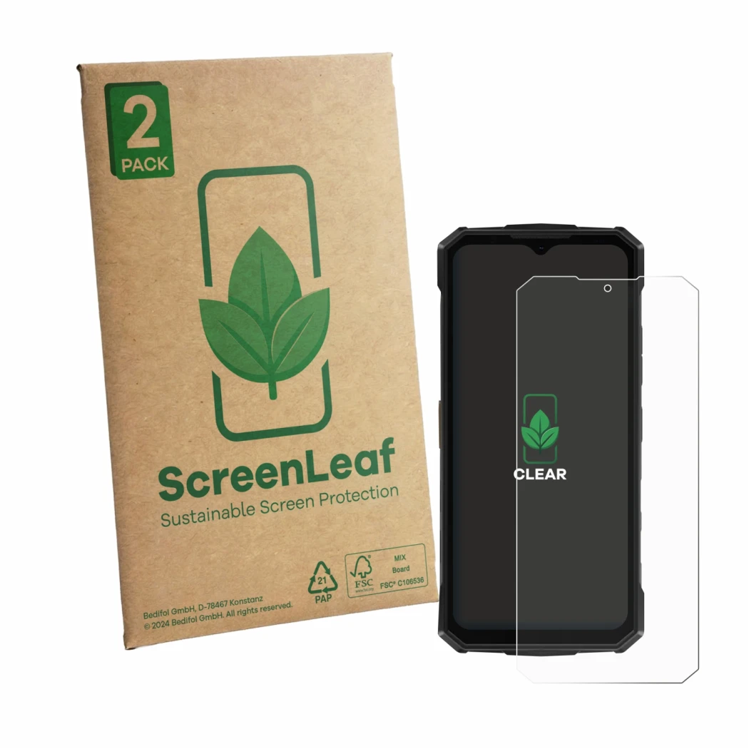 Front side of a product packaging with the brand logo ScreenLeaf. Next to it is the device Doogee Fire 5 Pro shown with the co