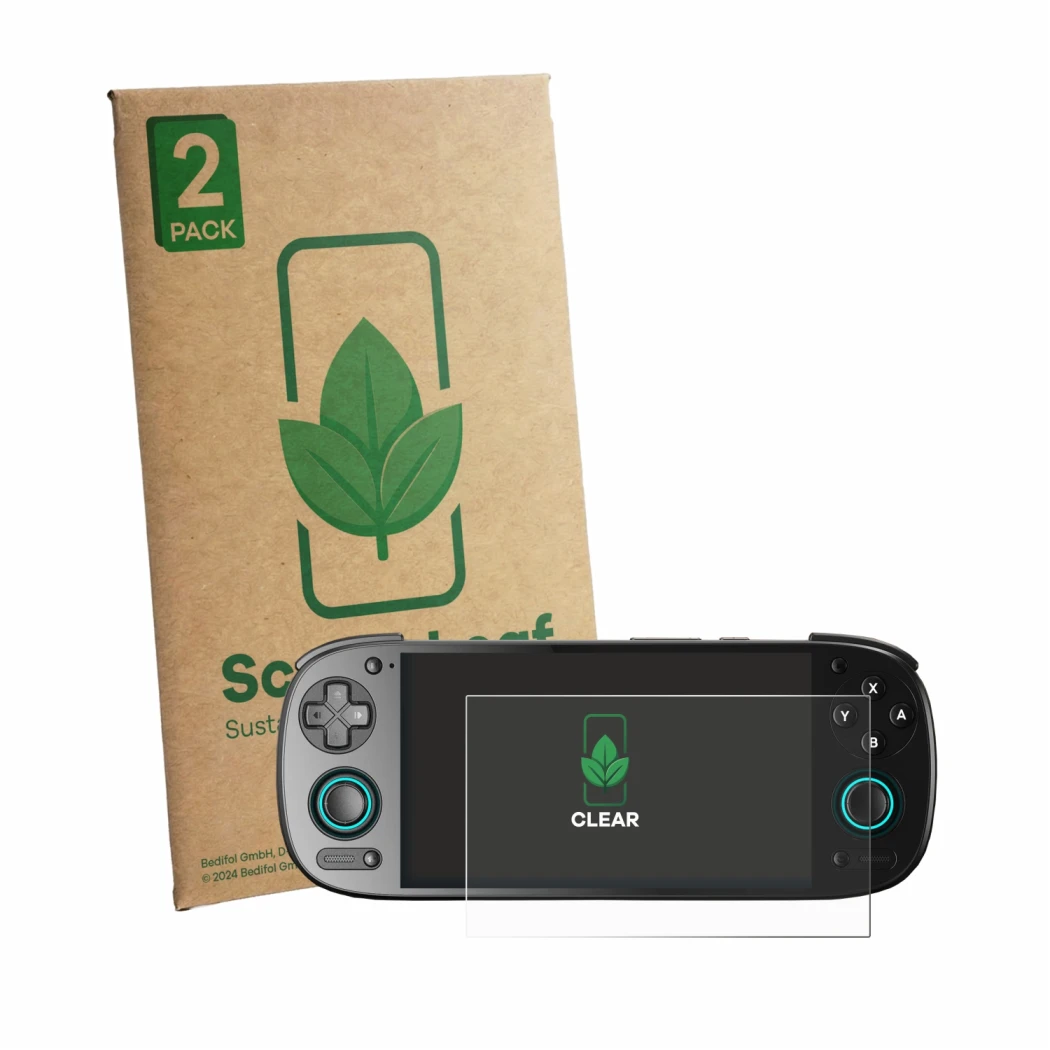 Front side of a product packaging with the brand logo ScreenLeaf. Next to it is the device Retroid Pocket 5 shown with the cor