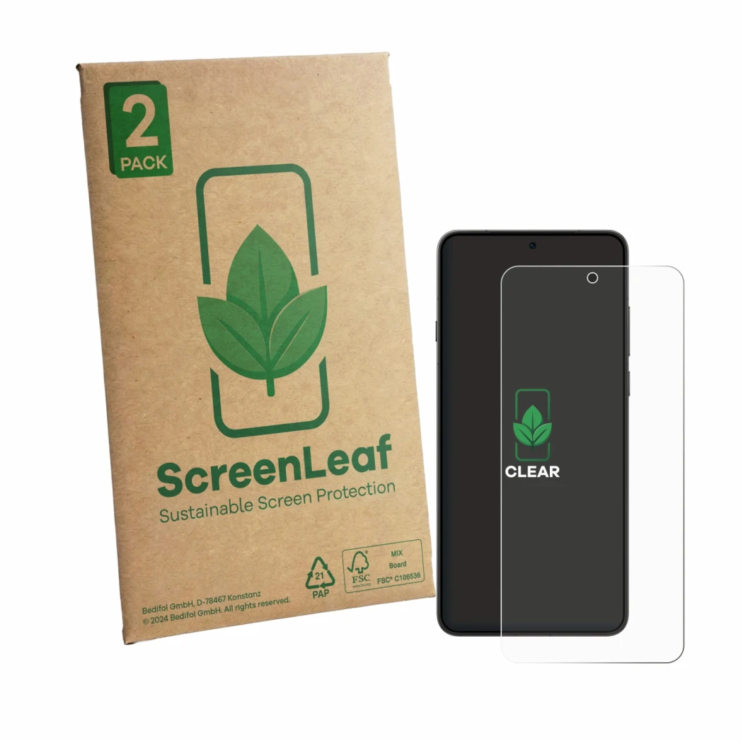 Front side of a product packaging with the brand logo ScreenLeaf. Next to it is the device Oppo Find X9 Ultra shown with the c