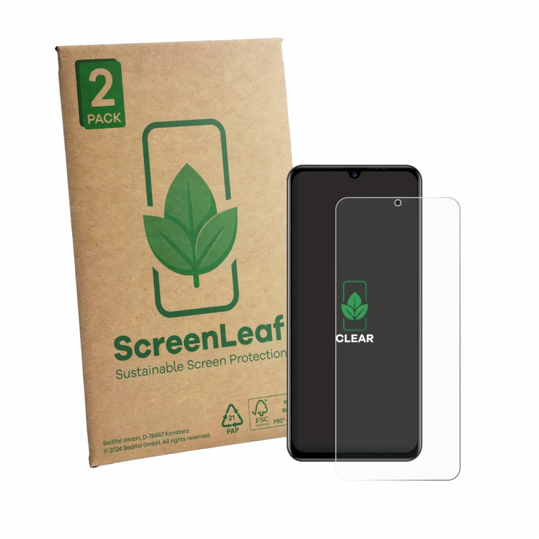Front side of a product packaging with the brand logo ScreenLeaf. Next to it is the device Invens Halo 5 shown with the corres