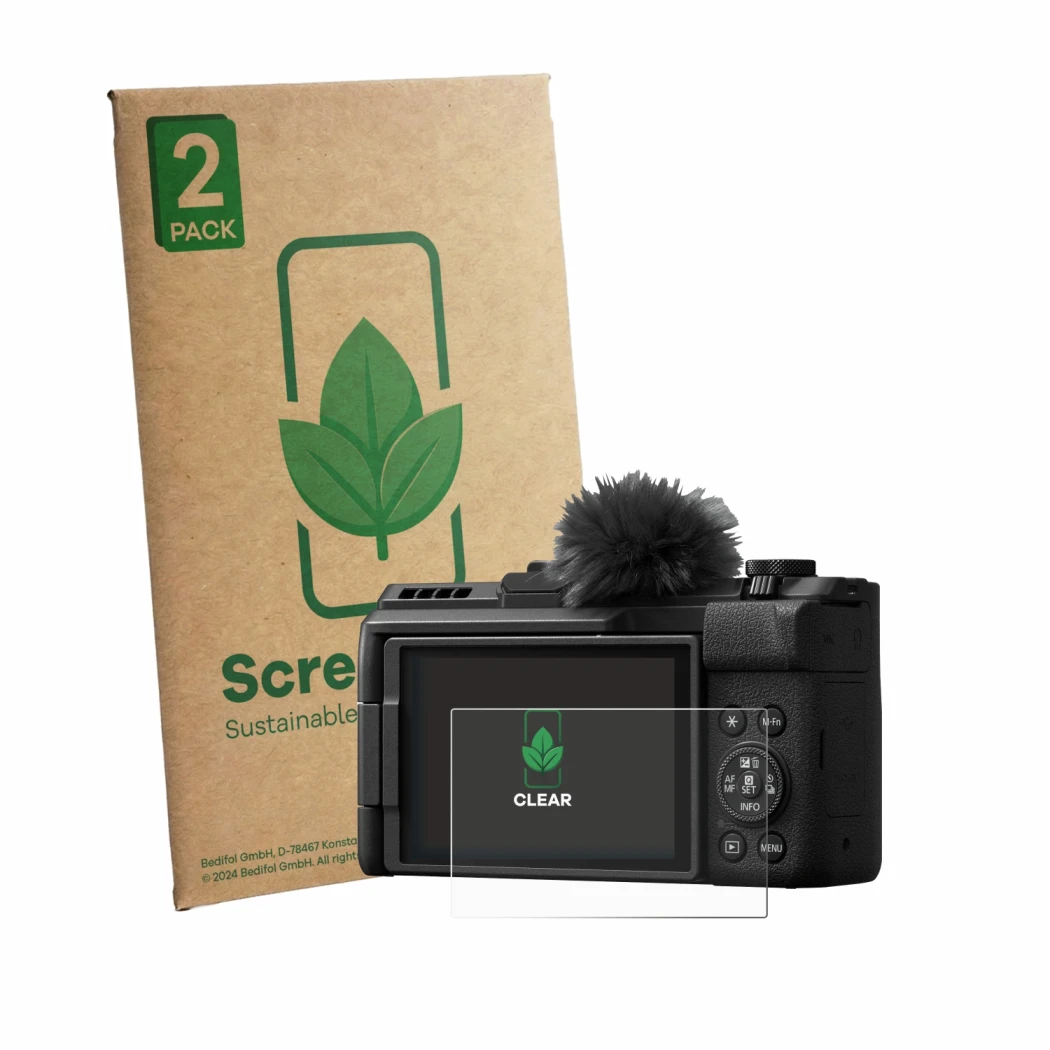 Front side of a product packaging with the brand logo ScreenLeaf. Next to it is the device Canon PowerShot V1 Premium shown wi