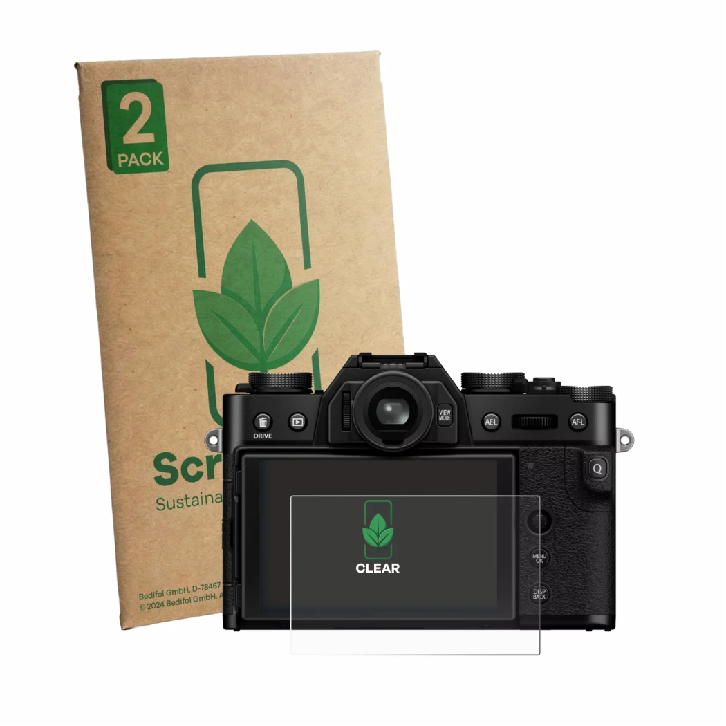 Front side of a product packaging with the brand logo ScreenLeaf. Next to it is the device Fujifilm X-T30 III shown with the c