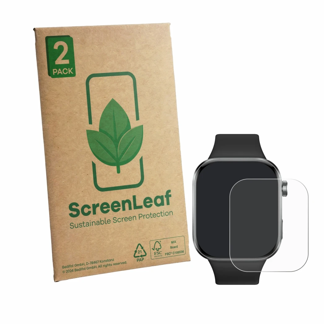 Front side of a product packaging with the brand logo ScreenLeaf. Next to it is the device Xiaomi Redmi Watch 6 shown with the